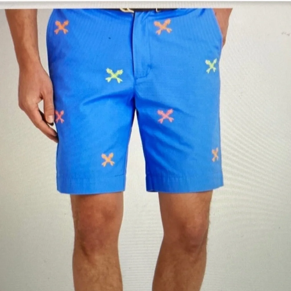 Vineyard Vines - Men's Breaker Short. Embroidered Fish Skeleton.  Blue. Size 42